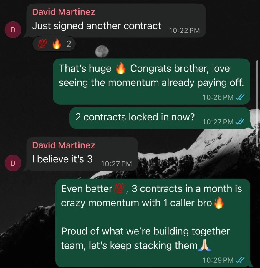 WhatsApp conversation showing David Martinez closing 3 contracts in one month with a single caller